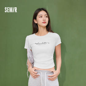 森马短袖T恤女夏季短款修身正肩字母印花衣服褶皱收腰小心机上衣