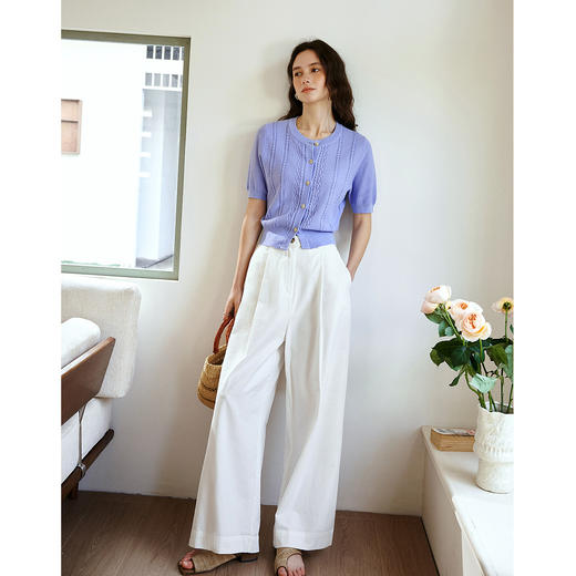 OLrain欧芮儿2026新款女夏季紫色法式圆领绞花毛针织开衫短袖上衣 商品图1