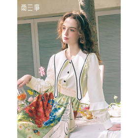 两三事 浮云月下 2026春季新款小清新波浪织带边大翻领灯笼袖衬衫