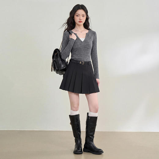 西遇灰色假两件长袖T恤女2026春季新款半开领修身短款软糯针织衫E0060057 商品图1