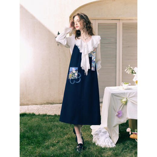 两三事梵高文艺光影梦境2026春季新款贴布刺绣不对称背带裙连衣裙 商品图3