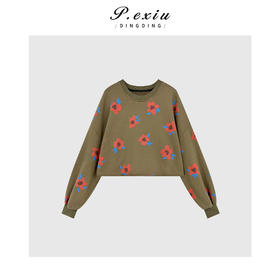 04-2潘依绣丁丁宠粉韩系花朵印花自然卷边圆领长袖卫衣Q68416