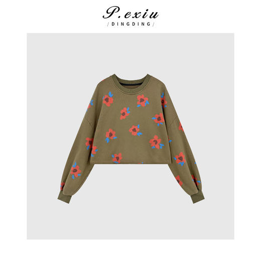04-2潘依绣丁丁宠粉韩系花朵印花自然卷边圆领长袖卫衣Q68416 商品图0