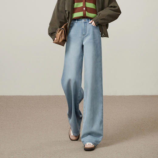 【浅蓝色-加绒-阔腿】逸阳冬加绒加厚抗寒保暖宽松直筒牛仔长裤7329 商品图1
