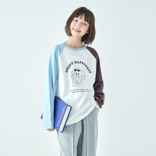 棵初2026年春季新款亲子中大女童纯棉印花长袖T恤拼色插肩袖上衣 商品图4