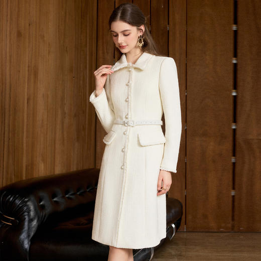 IWY/小香风米白色羊毛连衣裙女收腰排扣高级感气质通勤职业装25Q907 商品图1