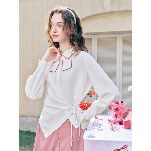 两三事轻风叙写2026春季新款甜美蝴蝶结绣边翻领绑带白衬衫女 商品图1
