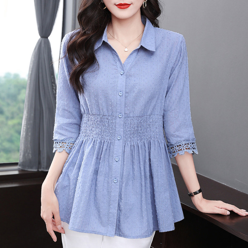 纯棉七分袖衬衫女春夏2025新款上衣全棉女士衬衣中年妈妈收腰小衫