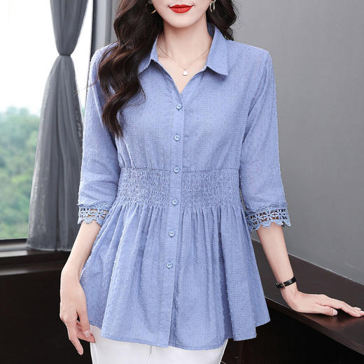 纯棉七分袖衬衫女春夏2025新款上衣全棉女士衬衣中年妈妈收腰小衫 商品图0