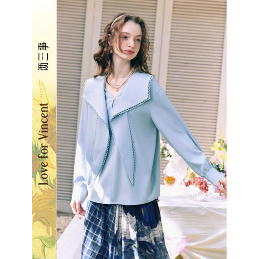 两三事梵高文艺 湖光水色 2026春季新款休闲刺绣绑带海军领衬衫女 商品图0