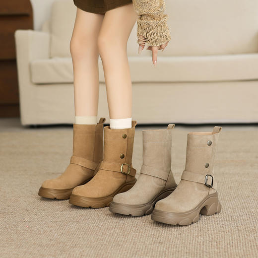 阿么手工女鞋超厚加绒【羊毛】小个子中筒靴子真皮时髦潮堆堆靴7CM 商品图4