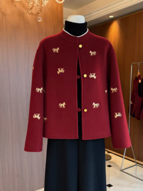 高端款限定小金马进口超细羊毛国风刺绣双面羊毛外套