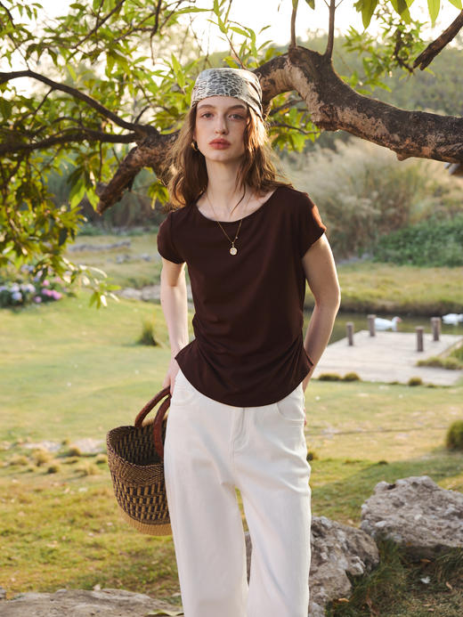 OLrain欧芮儿2026夏季咖色T恤修身收腰显瘦上衣 商品图1