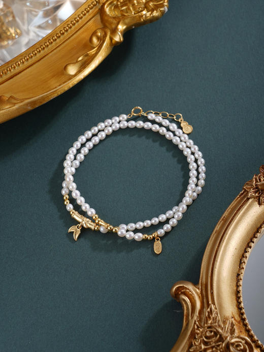 子佩集【竹韵华年】银S925珍珠惜王妃手链【QNS0024-9】3mm珠镀金竹叶2601 商品图9