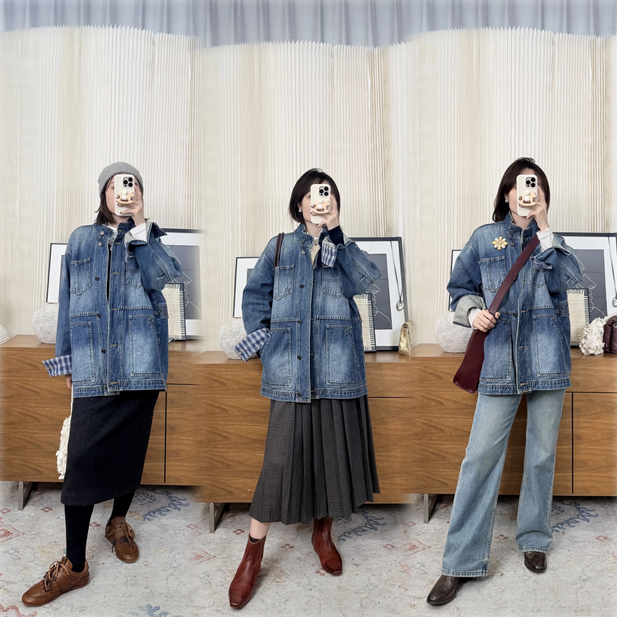 清醒独白Oversized蓝色牛仔外 经典巴恩风 小立领设计 复古洗水百搭