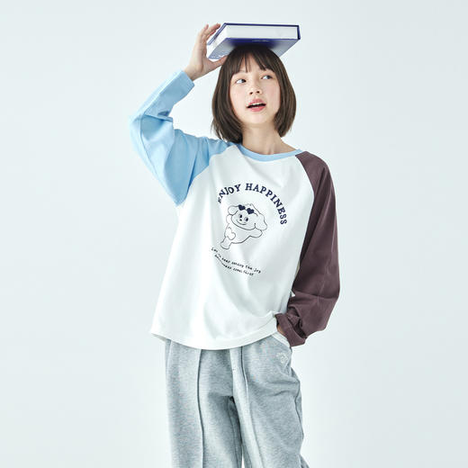 棵初2026年春季新款亲子中大女童纯棉印花长袖T恤拼色插肩袖上衣 商品图3