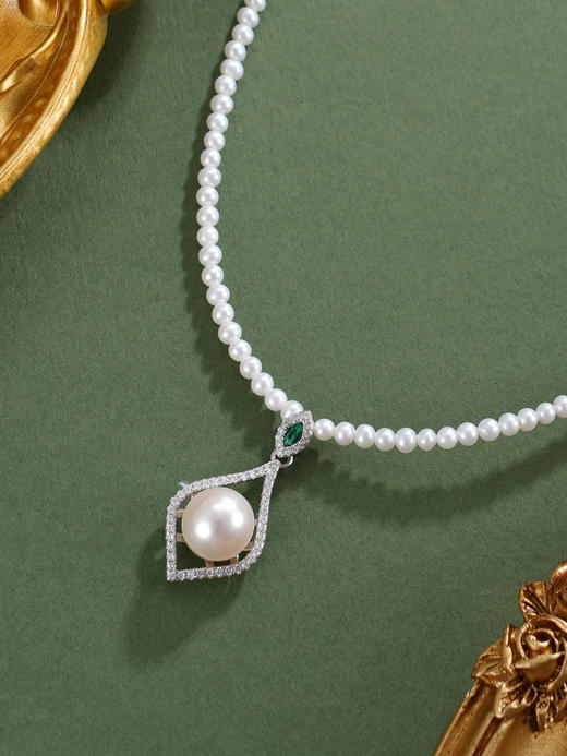 子佩集【清欢长驻】银S925珍珠惜王妃项链【ZZXL006】2.8mm小珠9mm大珠水滴绿点2601 商品图4