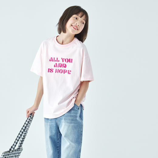 白色预售3.30发 棵初26年春季新款亲子中大女童字母印花短袖T恤纯棉轻薄宽松上衣 商品图2