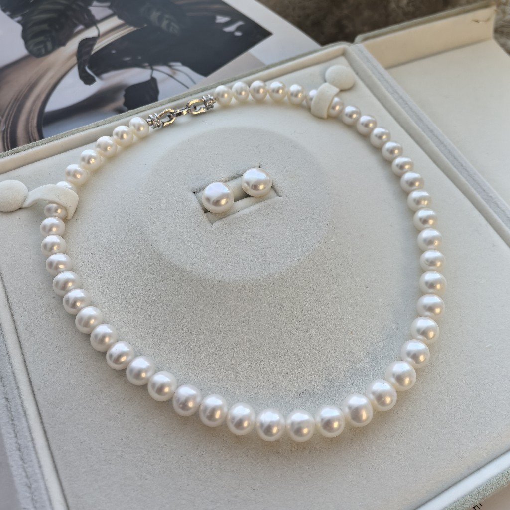 新年福利，淡水珍珠套装，项链9-10mm 视觉正圆，ji光微暇，耳钉11-12mm馒头珠，925纯银配件