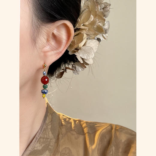 【藏风耳环】复古新中式天然石串珠耳环 手工设计款国风油画感气质耳饰 商品图0