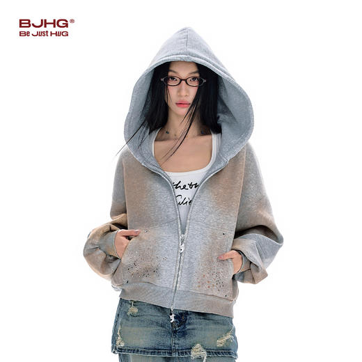 FTT Flythetruth 连帽卫衣女款春做旧复古烫火钻美式拉链外套上衣 商品图1