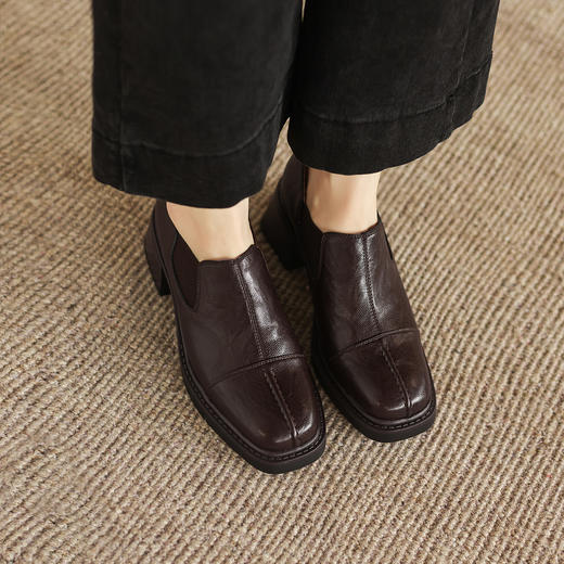 阿么手工女鞋复古粗跟一脚蹬真皮乐福鞋春季女款百搭新款单鞋6CM 商品图1