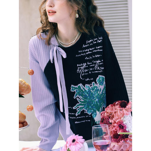 两三事梵高文艺柔软画意2026春季新款拼色不对称下摆绑带针织衫女 商品图2