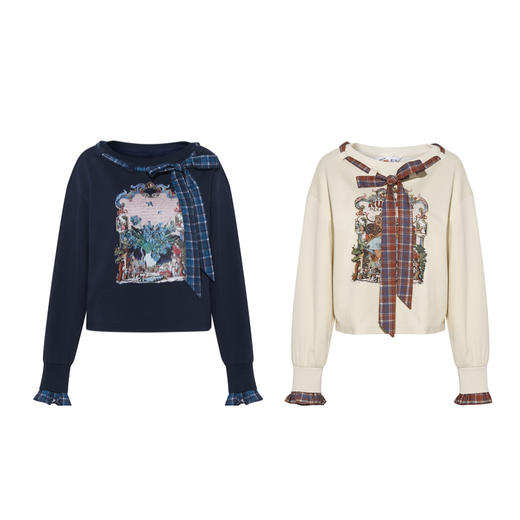 两三事梵高文艺 茉雅离歌 2026春季新款复古印花格子蝴蝶结t恤女 商品图4