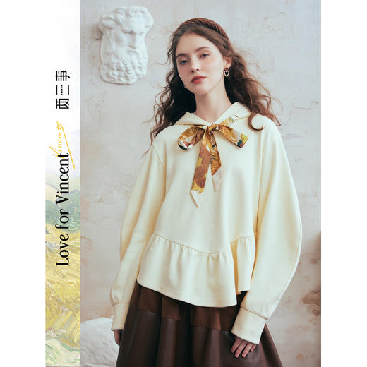 两三事梵高文艺 流光素影 2026春季新款印花绑带连帽卫衣女宽松 商品图0