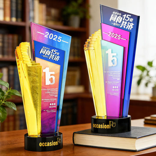 水晶奖杯定制创意炫彩透明奖牌表彰颁奖步步高升阶梯高档琉璃奖杯 商品图3