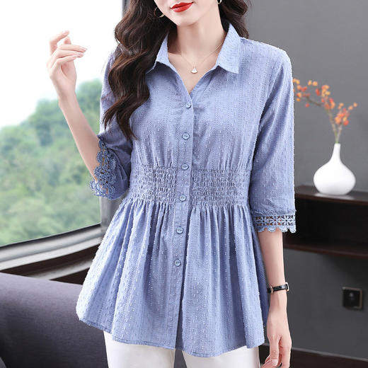 纯棉七分袖衬衫女春夏2025新款上衣全棉女士衬衣中年妈妈收腰小衫 商品图3