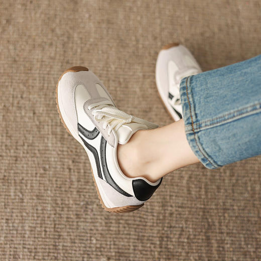 阿么手工女鞋透气百搭软底阿甘鞋2026冬季新款拼接系带休闲鞋3CM 商品图4