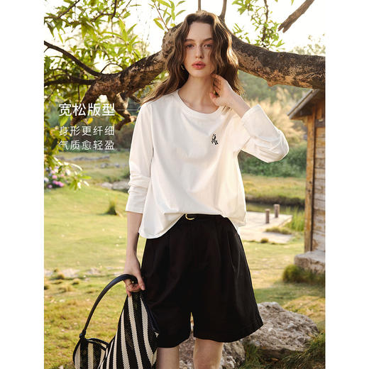 欧芮儿简约撞色小马绣花休闲长袖T恤女春季2026新款纯棉圆领上衣 商品图1