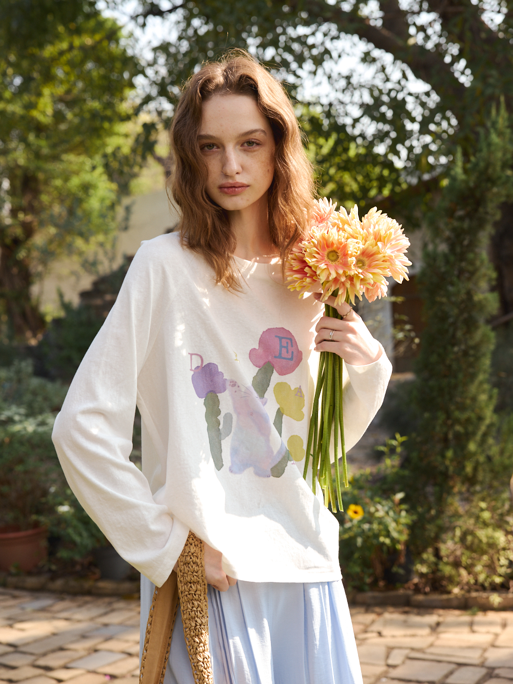 OLrain欧芮儿2026春白色宽松慵懒长袖印花T恤