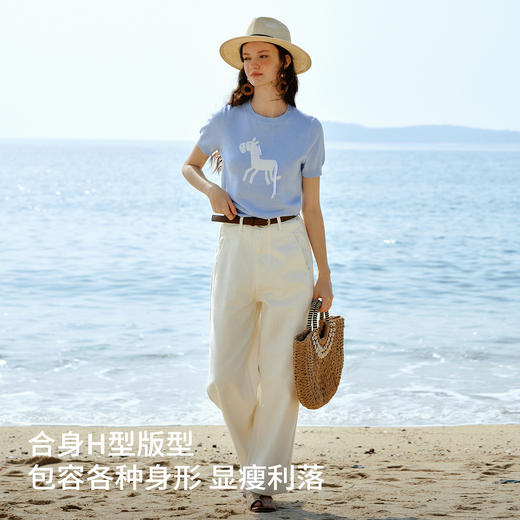 欧芮儿蓝色休闲重工趣味小马短袖针织衫女春季2026新款短袖上衣 商品图1