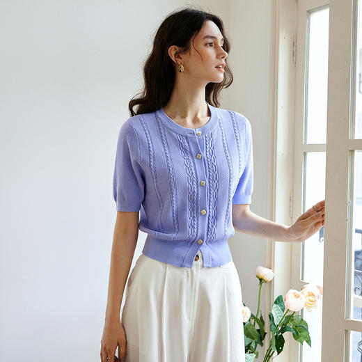 OLrain欧芮儿2026新款女夏季紫色法式圆领绞花毛针织开衫短袖上衣 商品图0