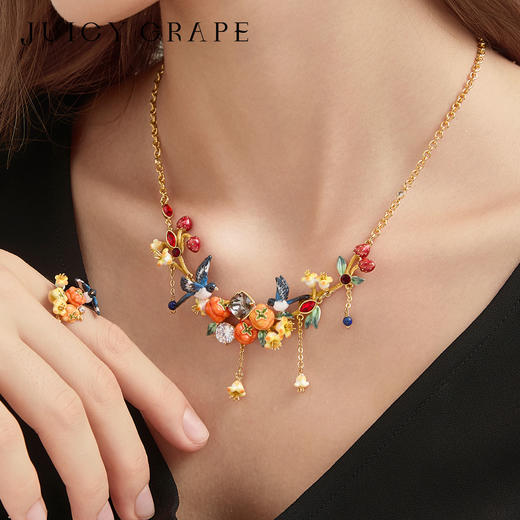 Juicy Grape首饰套装轻奢小众珐琅项链手链耳环戒指新年生日礼物 雀柿呈祥-喜事连连项链 商品图2