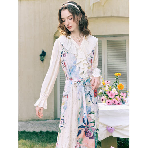两三事梵高文艺 浪漫花房 2026春季新款荷叶边v领印花绑带连衣裙 商品图2