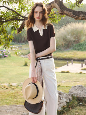 OLrain欧芮儿2026咖色T恤薄套头短袖小翻领针织上衣合身