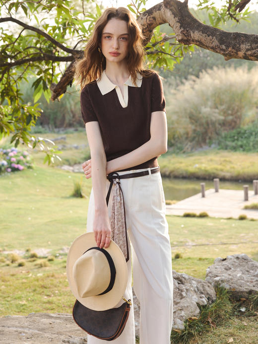 OLrain欧芮儿2026咖色T恤薄套头短袖小翻领针织上衣合身 商品图0