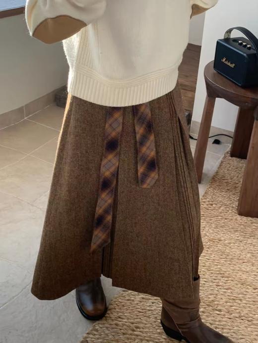 浮生八记/25D287/羊毛呢咖色灰蓝格纹手工捏褶打条百褶长半裙 商品图0