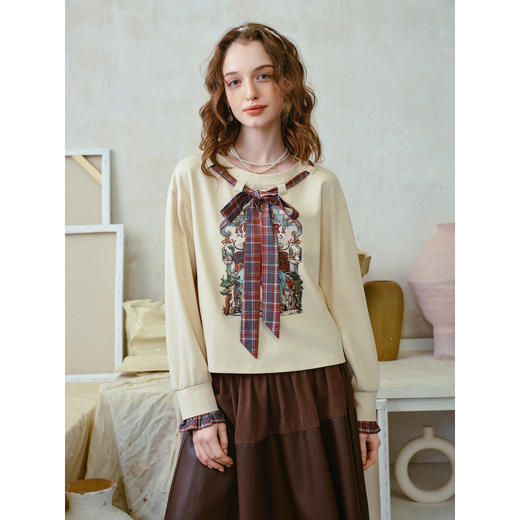 两三事梵高文艺 茉雅离歌 2026春季新款复古印花格子蝴蝶结t恤女 商品图1