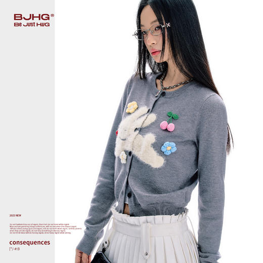 FTT FlyTheTruth 灰野蜜语可爱兔子毛衣女款开衫外套秋灰色针织衫 商品图2