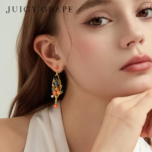 Juicy Grape首饰套装轻奢小众珐琅项链手链耳环戒指新年生日礼物 雀柿呈祥-喜上枝头耳环 商品图2
