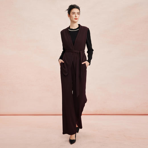 RE401斯尔丽26新款小香风V领马甲外套+打底衫+直筒长裤免搭配三件套装 商品图0