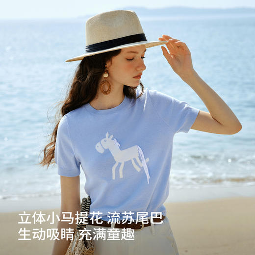 欧芮儿蓝色休闲重工趣味小马短袖针织衫女春季2026新款短袖上衣 商品图0