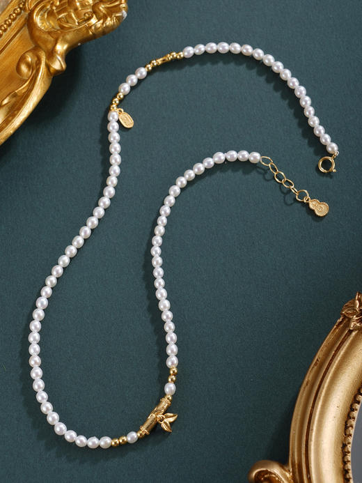 子佩集【竹韵华年】银S925珍珠惜王妃手链【QNS0024-9】3mm珠镀金竹叶2601 商品图7