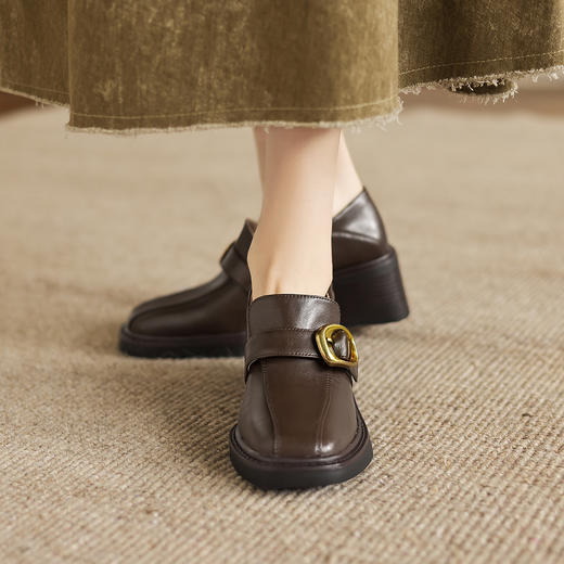 阿么手工女鞋纯色粗跟春季乐福鞋洋气一脚蹬软底真皮方头单鞋6CM 商品图3