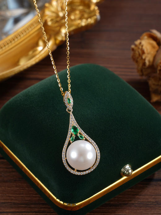 子佩集【恒久珍视】银S925珍珠惜王妃套链【P1926A】12.5mm珠绿点水滴镀金2601 商品图5