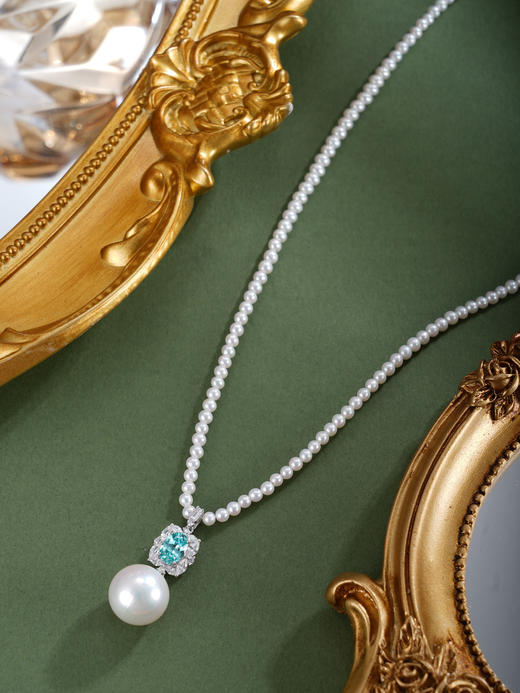 子佩集【温润之境】银S925珍珠惜王妃项链【ZZXL036】2.8mm小珠12mm大珠蓝椭圆方块2601 商品图2